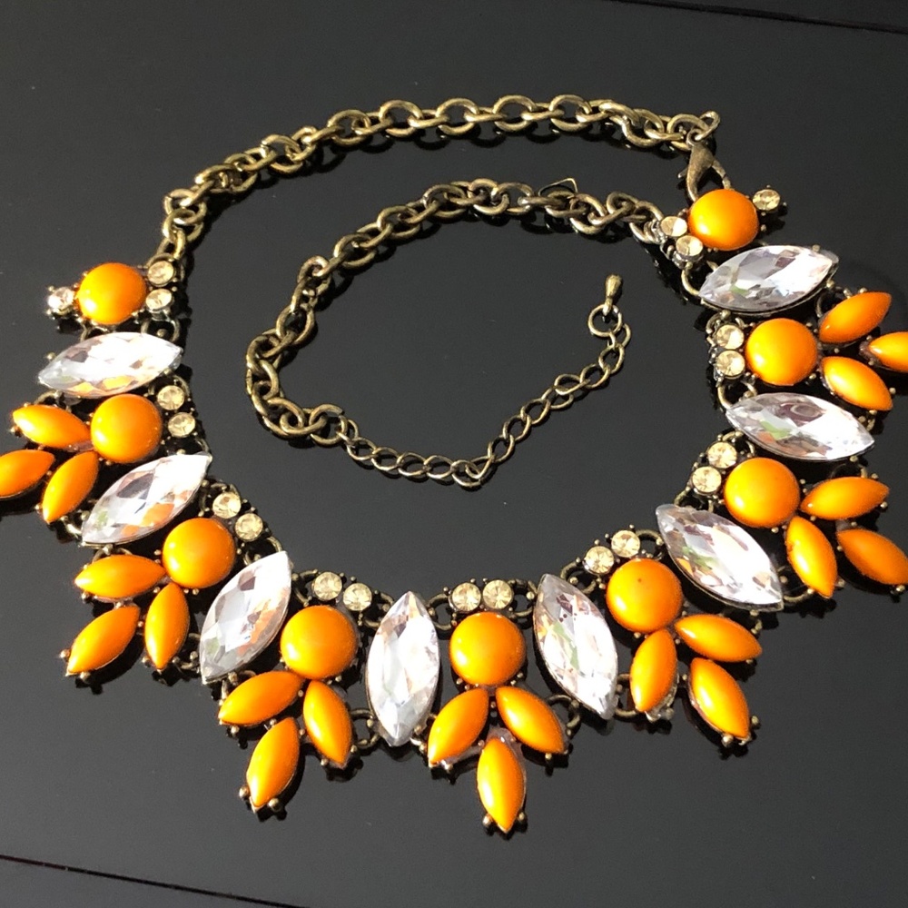 VTG Y2K Orange Cabs & Marquise Clear Glass Stones Antique Brass Station Necklace